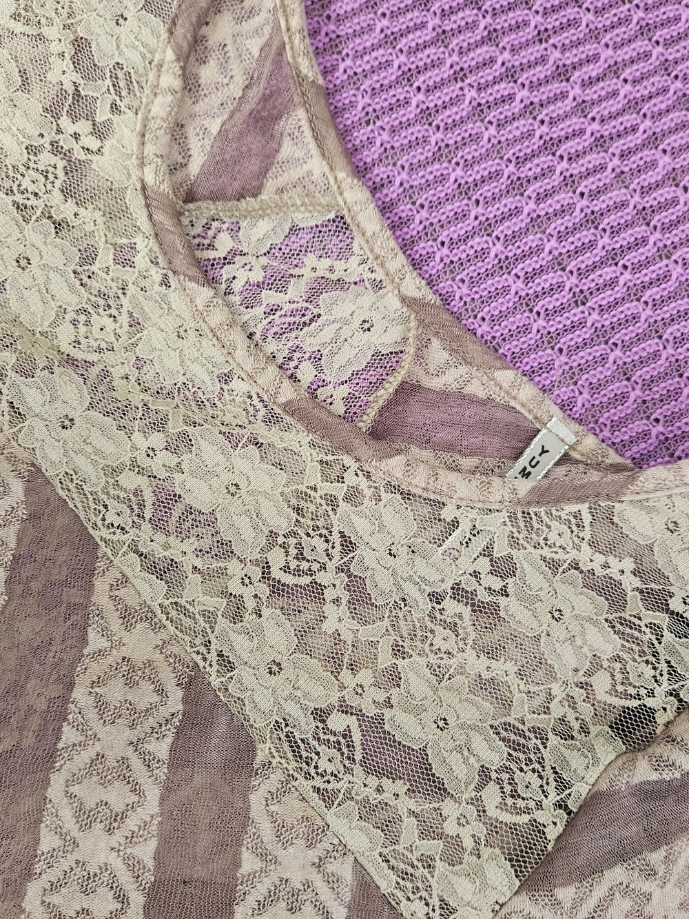 Plus Lace-Yoke Diagonal Stripe Tunic Top - Lavender - Picture 4 of 9